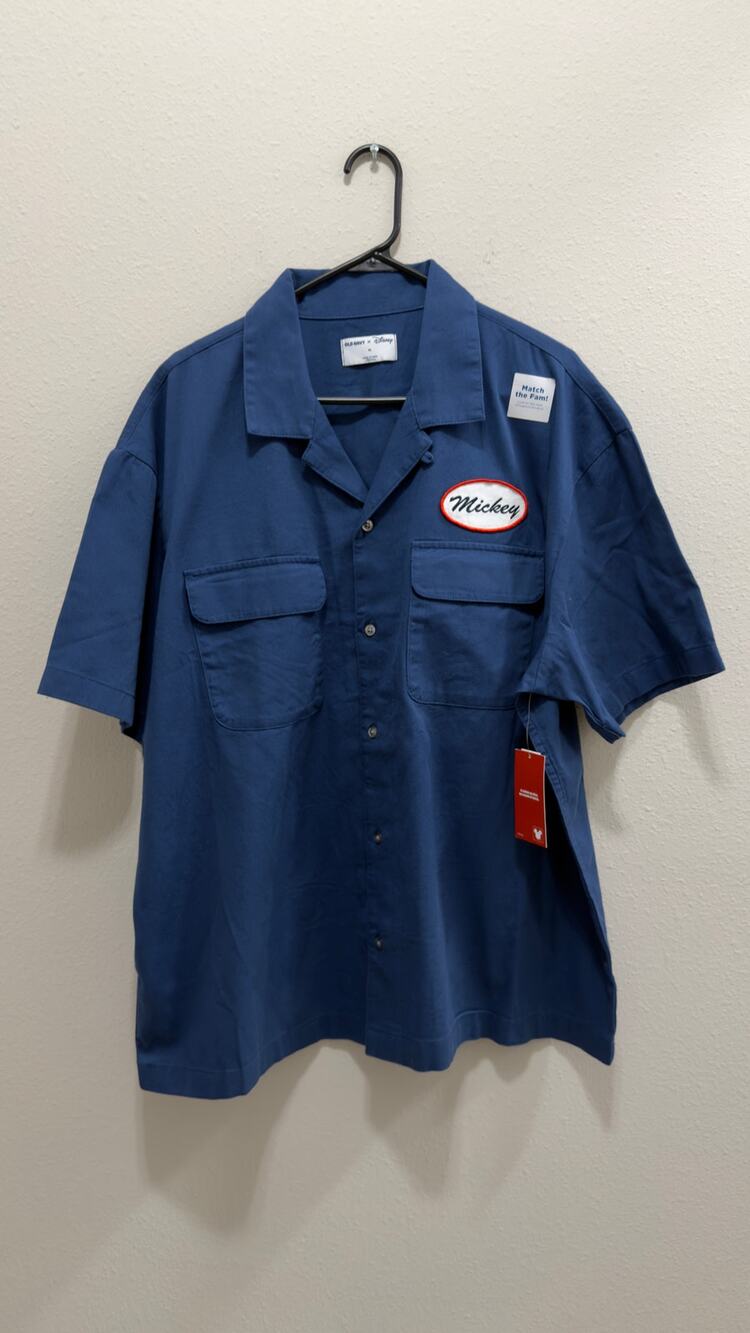 Old Navy x Disney Men's XL Mickey Mouse USA 250 Years Twill Camp Shirt Blue NWT